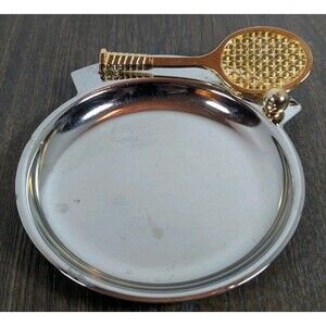 VTG Brass Tone Tennis Racket Coin Dish Ashtray Preppy Dad Retro Made in Taiwan